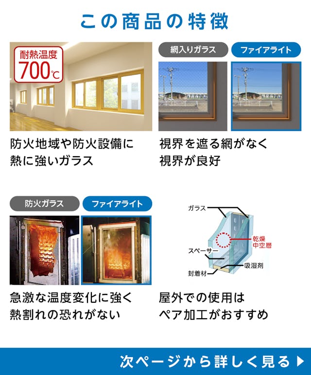 耐熱ガラス ファイアライトの特徴 - 耐熱温度700度／ワイヤーがなく視界がクリア／急激な温度変化に強い／屋外ではペア加工がおすすめ