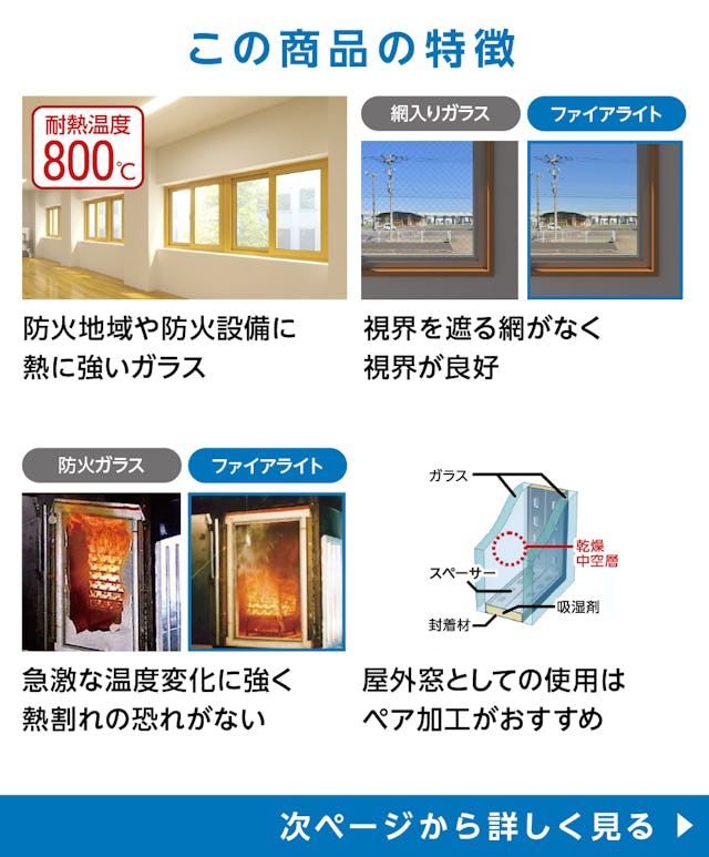 耐熱ガラス ファイアライトの特徴 - 耐熱温度700度／ワイヤーがなく視界がクリア／急激な温度変化に強い／屋外ではペア加工がおすすめ