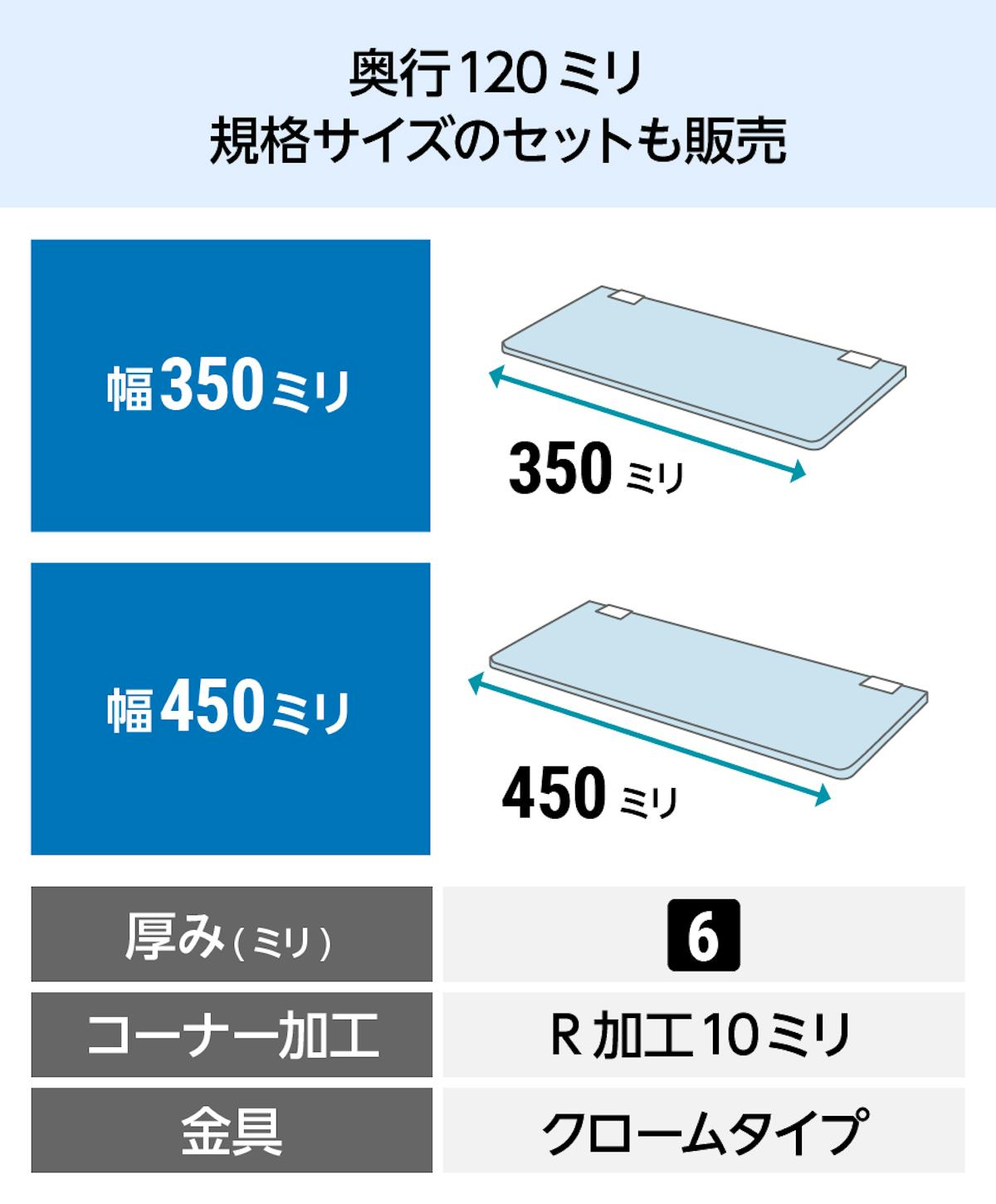 「透明ガラス:シェルフセット(プレーンタイプ)」の棚は、即日発送可能で安い規格サイズが2種類ある