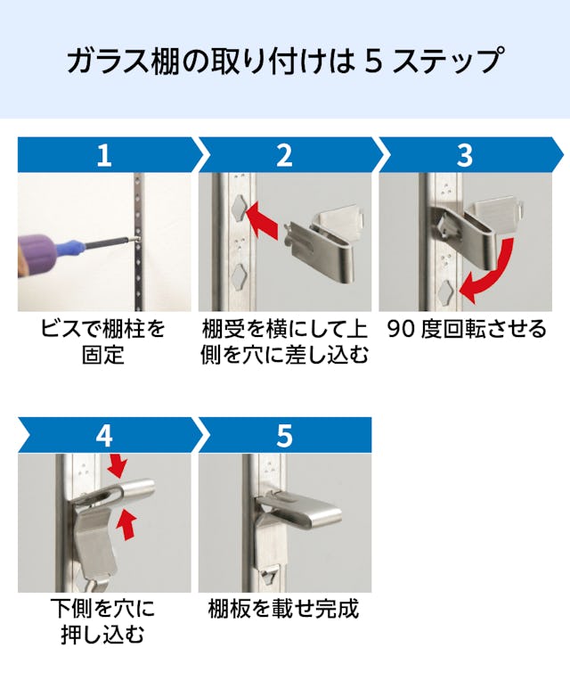 透明ガラス：ステンレス棚柱セット - ガラス棚の取り付けは5ステップ