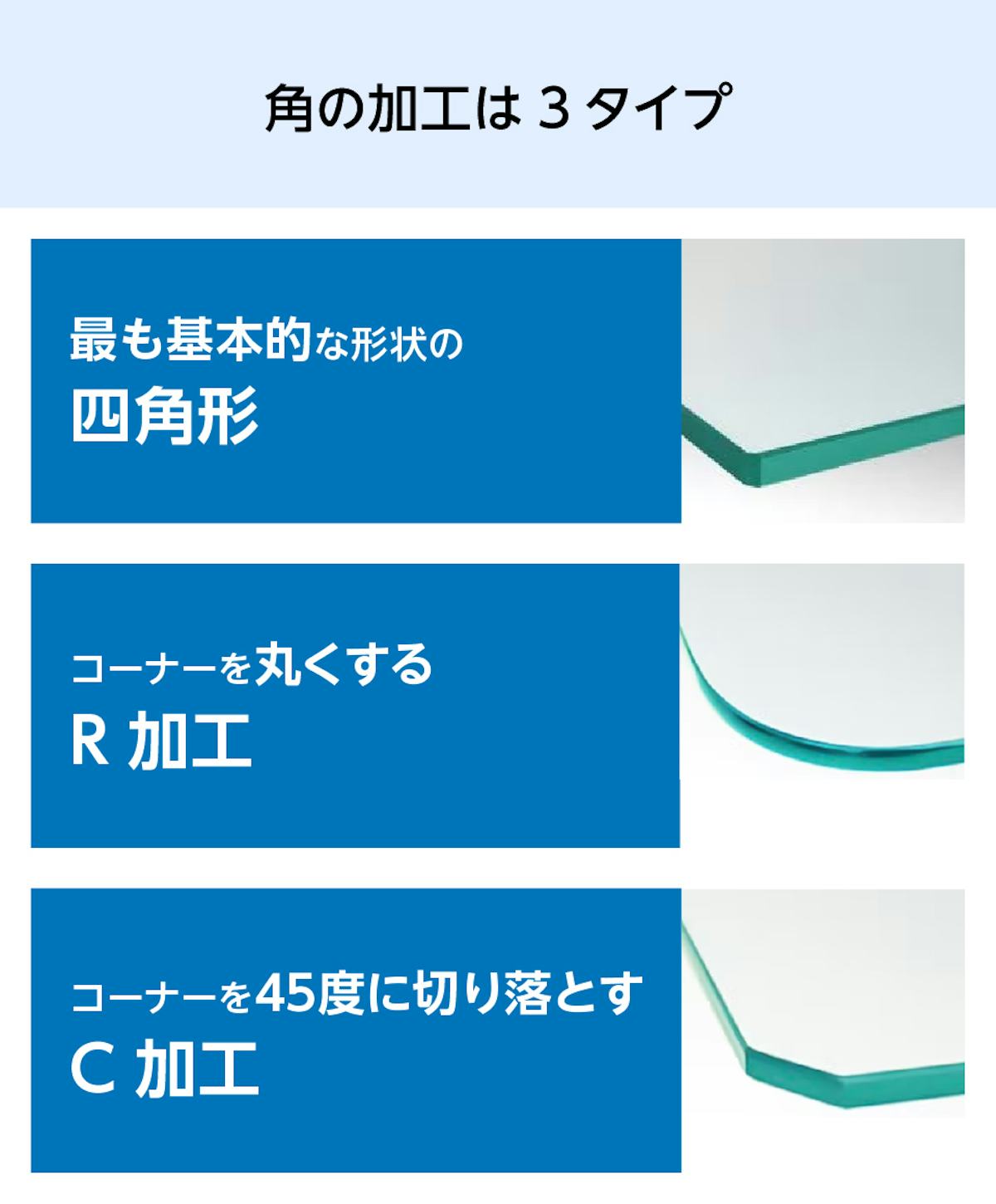 透明ガラス：ステンレス棚柱セット - 角の加工は3種類／①四角形　②R加工　③C加工