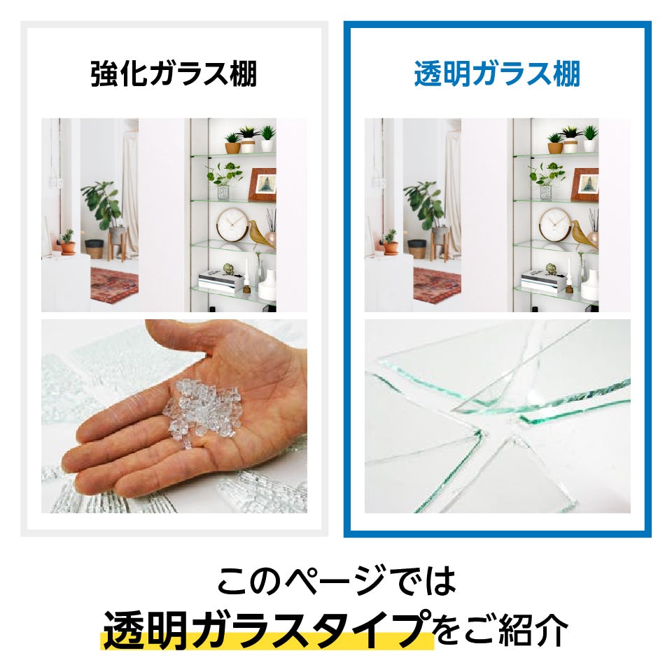 透明ガラス:ステンレス棚柱セット - 選べる棚板は2種類/①透明ガラス棚 ②強化ガラス棚