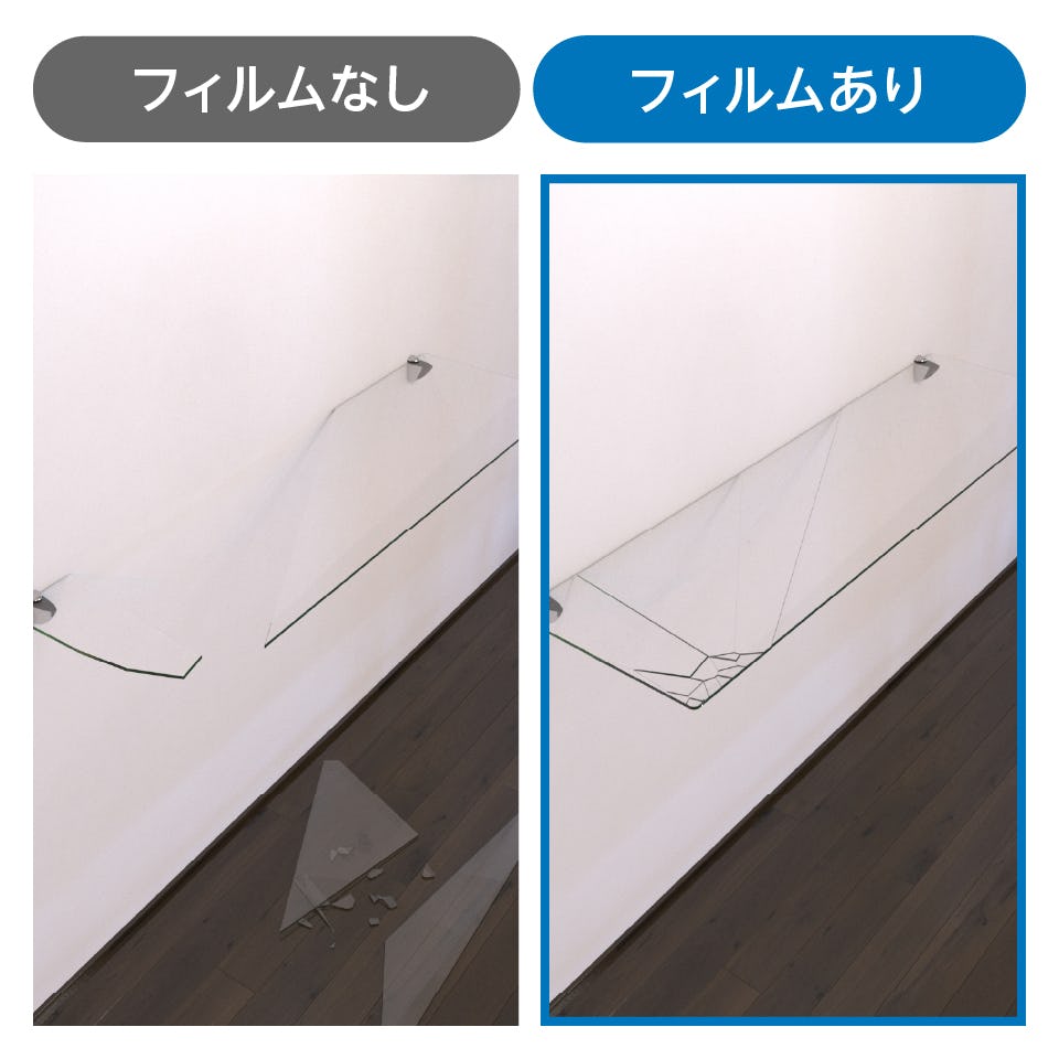 透明ガラス:ステンレス棚柱セット - 飛散防止フィルムで割れても破片が飛び散らず安心