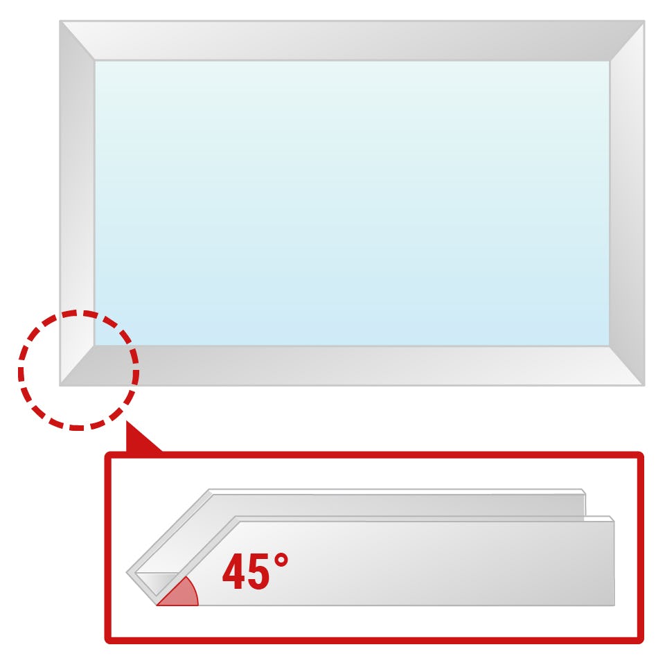 「アルミ製コの字チャンネル」でガラスの周囲を囲うとき - 上から見て45°にカット