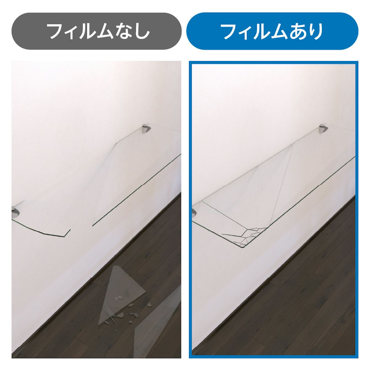 強化ガラス:ステンレス棚柱セット - 飛散防止フィルムで割れても破片が飛び散らず安心