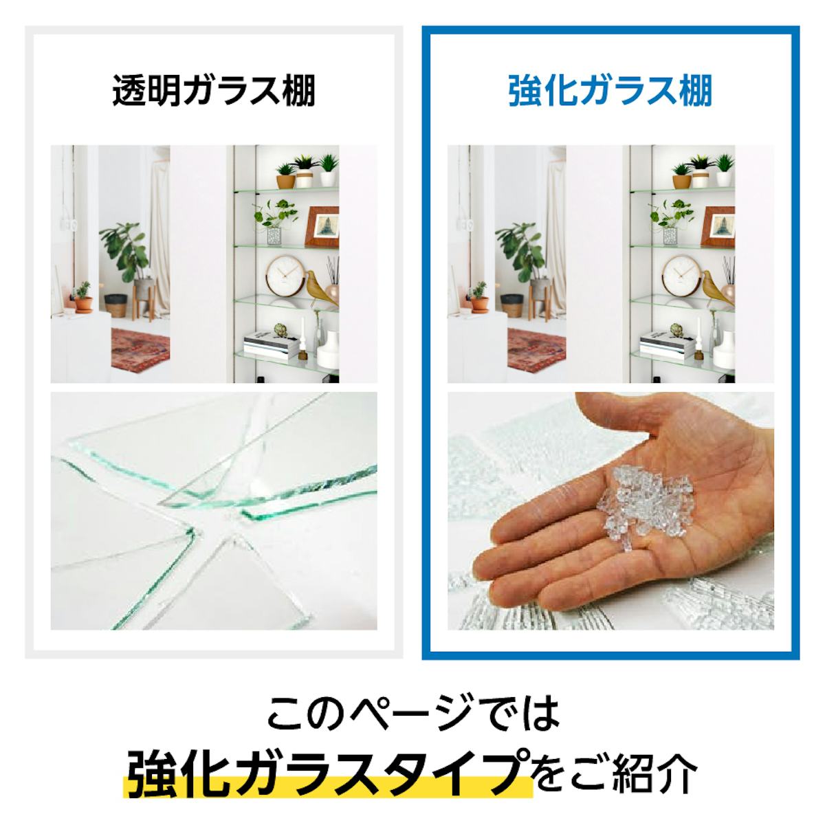 強化ガラス:ステンレス棚柱セット - 選べる棚板は2種類/①透明ガラス棚 ②強化ガラス棚