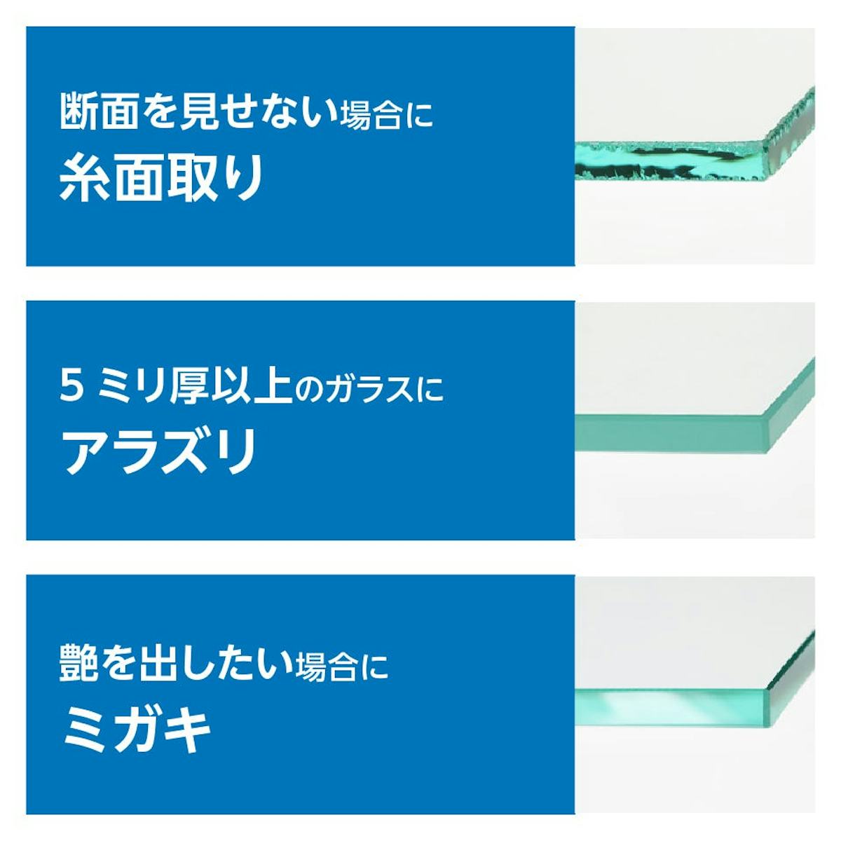 石英ガラス(シリカガラス) - 断面加工は3種類／①糸面取り　②アラズリ　③ミガキ