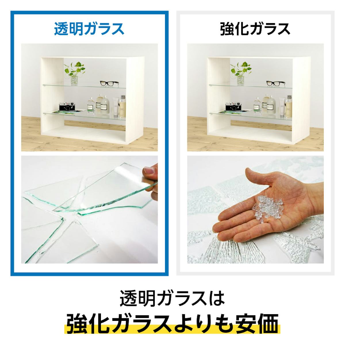 「棚受けダボセット(木地用)」のガラス棚板は2種類あり、安く購入したい方には透明ガラスがおすすめ