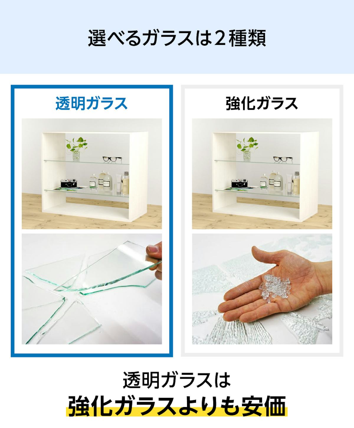 「棚受けダボセット(木地用)」のガラス棚板は2種類あり、安く購入したい方には透明ガラスがおすすめ