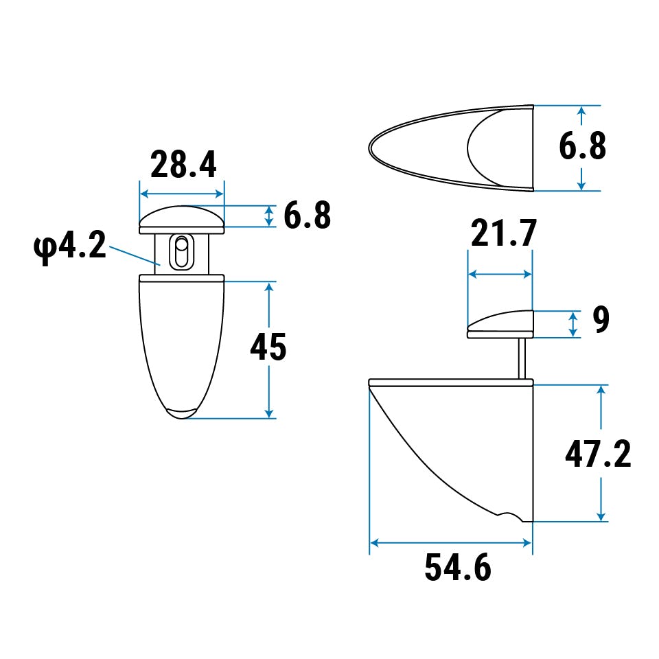 可動式ブラケットの詳細／「透明ガラスシェルフセット(スマートタイプ)」のブラケットの寸法図