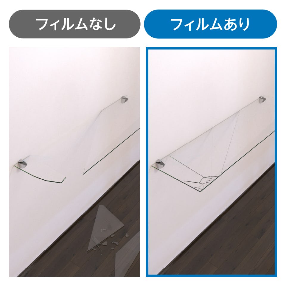 「透明ガラスシェルフセット(スマートタイプ)」は、棚板が万が一割れた場合も破片が飛散せず安全な飛散防止加工が可能
