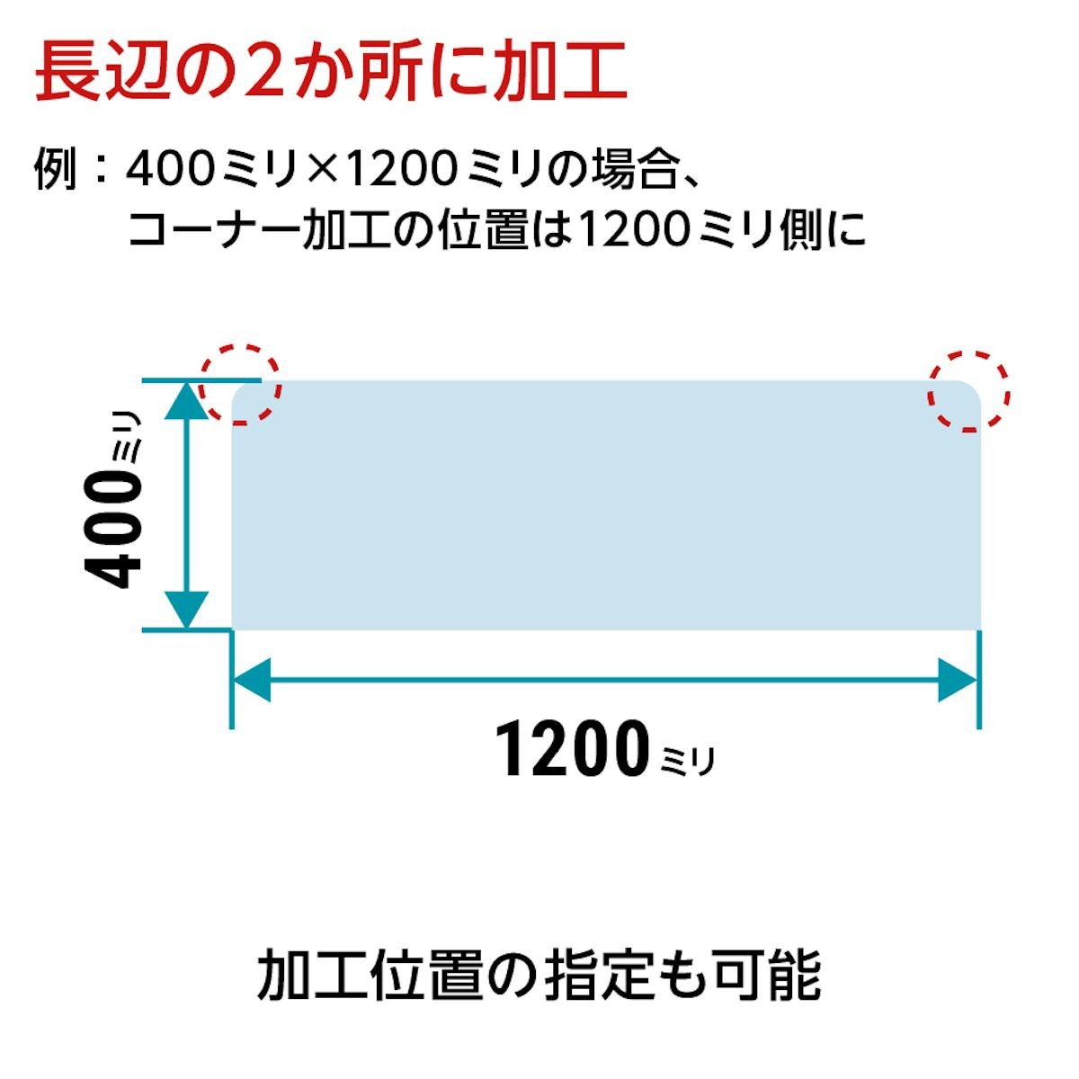 コーナー加工は長辺の2カ所に加工/「透明ガラスシェルフセット(スマートタイプ)」のコーナー加工位置