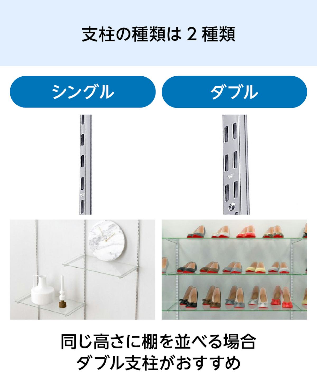 支柱は、ガラススリット棚(強化ガラス)の並べ方に合わせてシングルとダブルの2種類から選べる