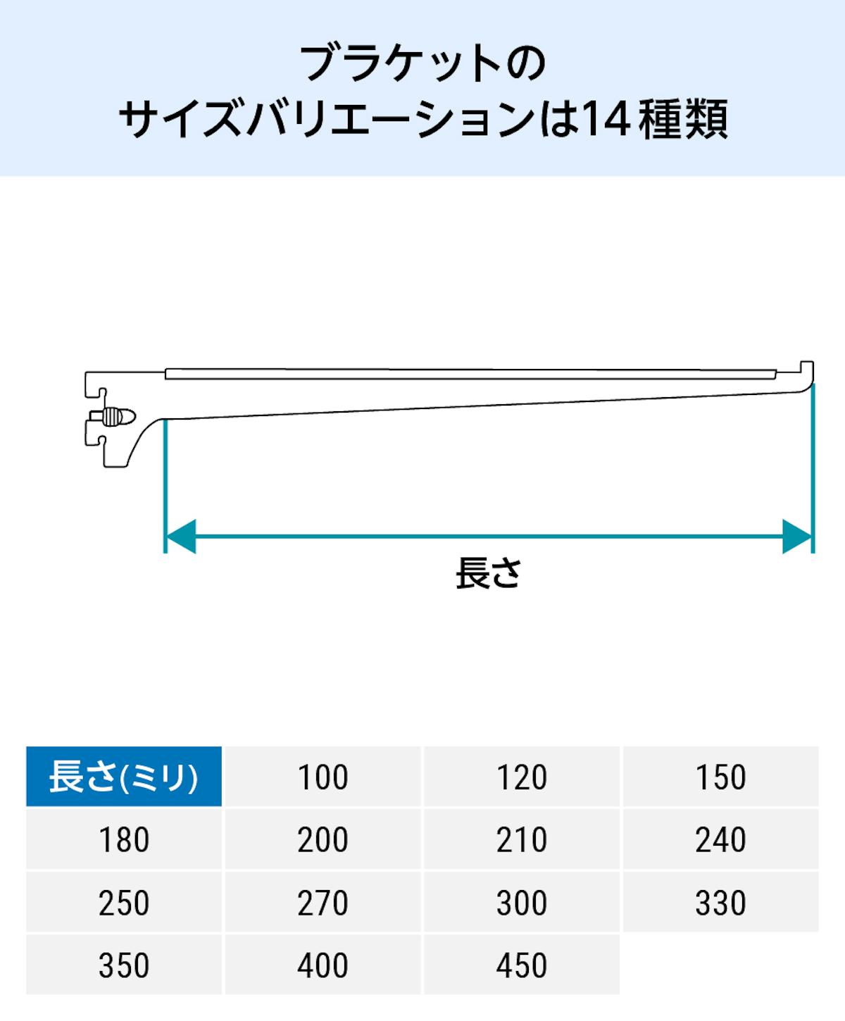 ガラススリット棚(強化ガラス)棚のブラケットのサイズは14種類