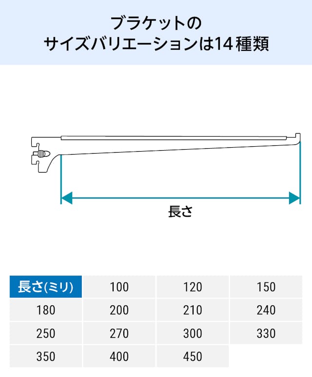 ガラススリット棚(強化ガラス)棚のブラケットのサイズは14種類