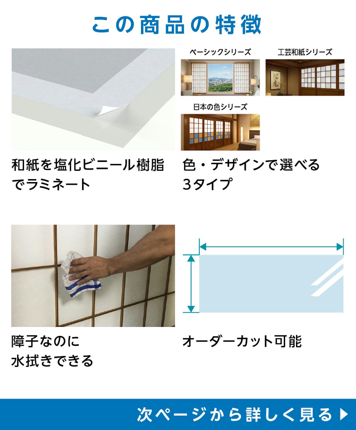 「ワーロンシート」の特徴 - 和紙をプラスチック素材でラミネート／色やデザインで選べる4タイプ／水拭き可能／サイズオーダー可能