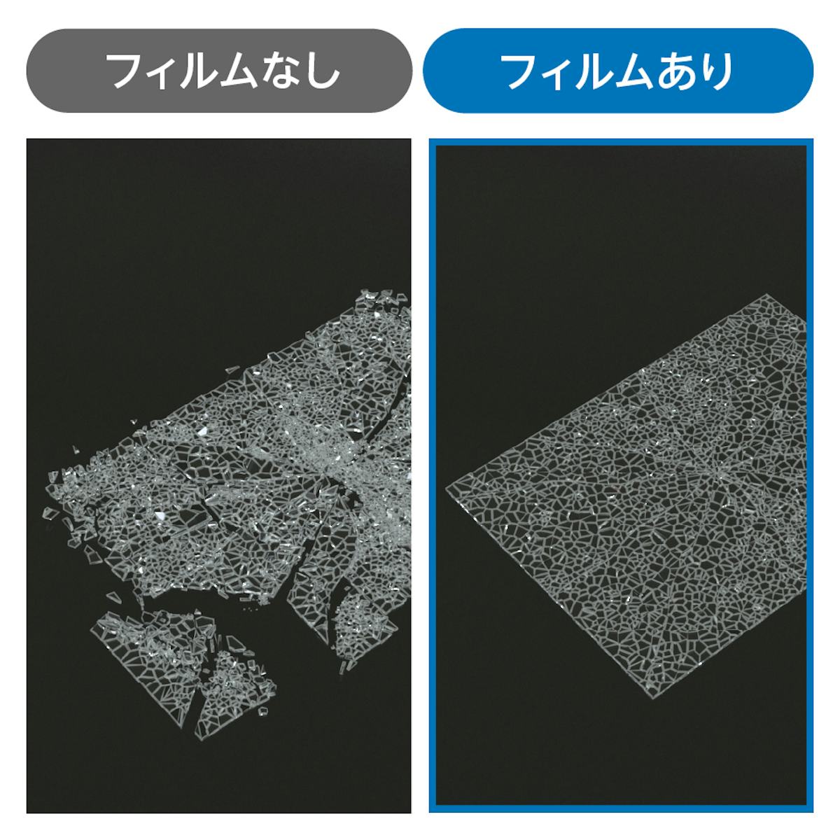 飛散防止フィルムをつければ、「テーブル天板用 強化ガラス(フロスト)」が割れた場合も破片が飛散しない