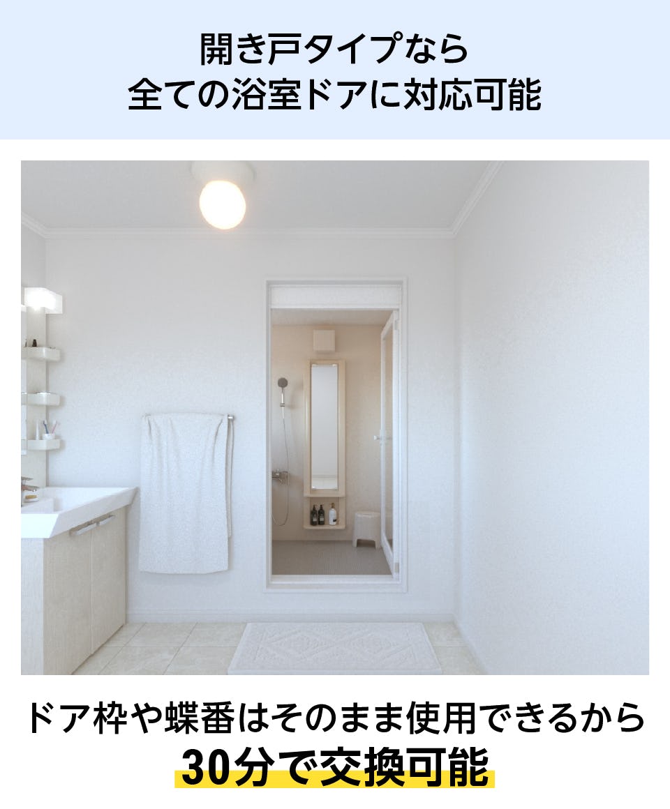 交換用浴室ガラスドア - 開き戸タイプは全ての浴室ドアに対応可能／30分で交換可能