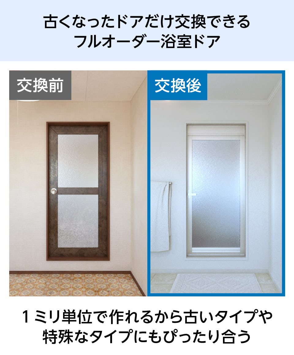 交換用浴室ガラスドア - 拭くなったドアだけ交換可能／古いタイプ、特殊なサイズでも対応可能