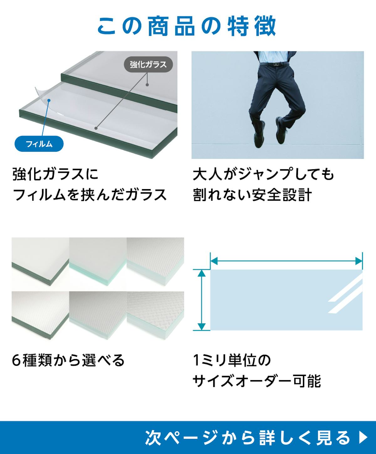 床用ガラス - 商品特徴：①強化ガラスにフィルムを挟んだガラス　②大人がジャンプしても割れない安全設計　③6種類から選択可能　④サイズオーダー可能