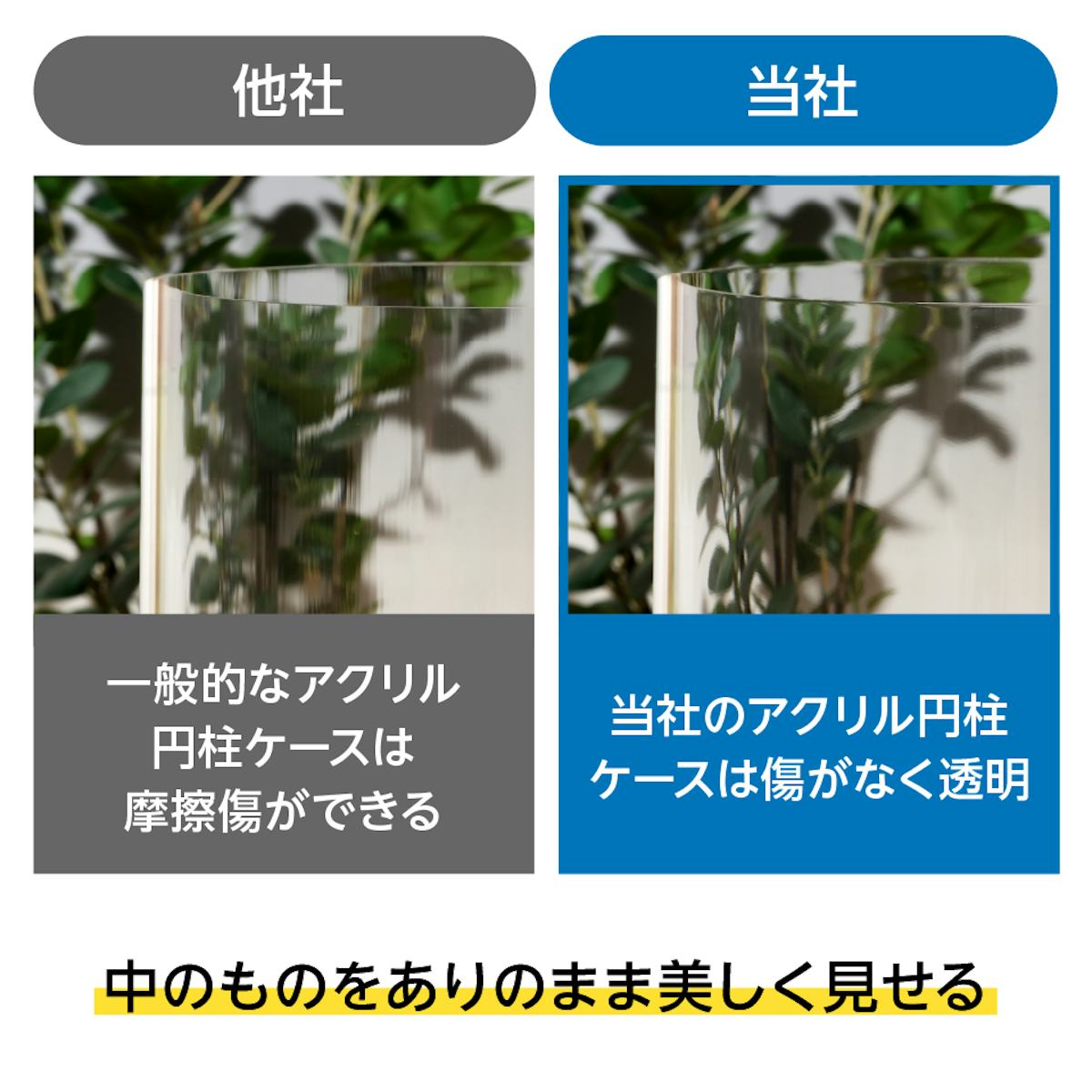 当社のアクリル円柱ケースはキズのない、綺麗な表面を実現