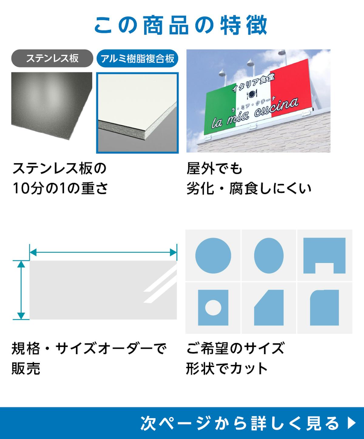 看板・サイン用アルミ樹脂複合板の特徴 - 軽量/屋外使用◎/規格・サイズオーダーで販売/ご希望サイズ・形状にカット