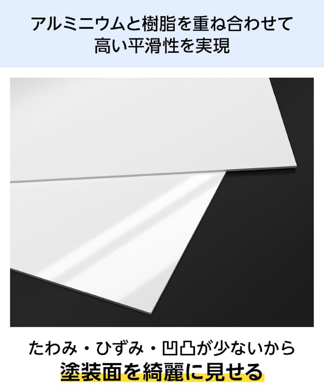 高い平滑性をもつ「看板・サイン用アルミ樹脂複合板」は、塗装面を綺麗に見せる