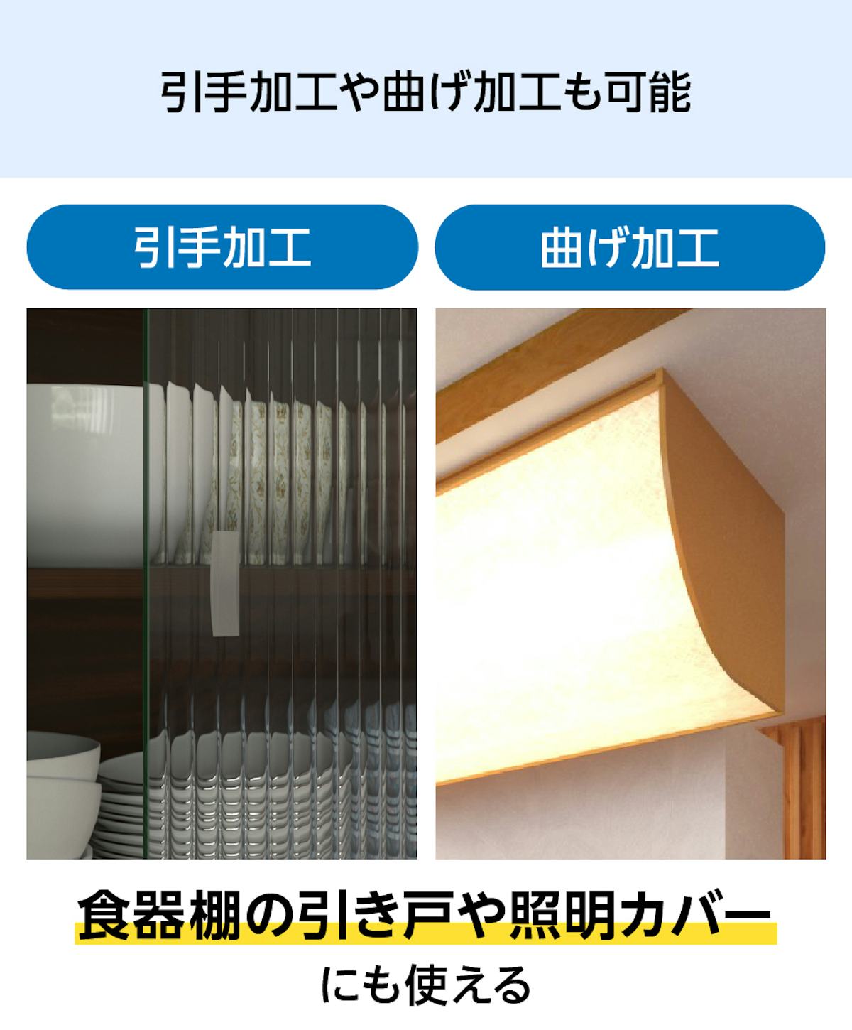 「デザインフィルムガラス」は引手加工や曲げ加工も可能