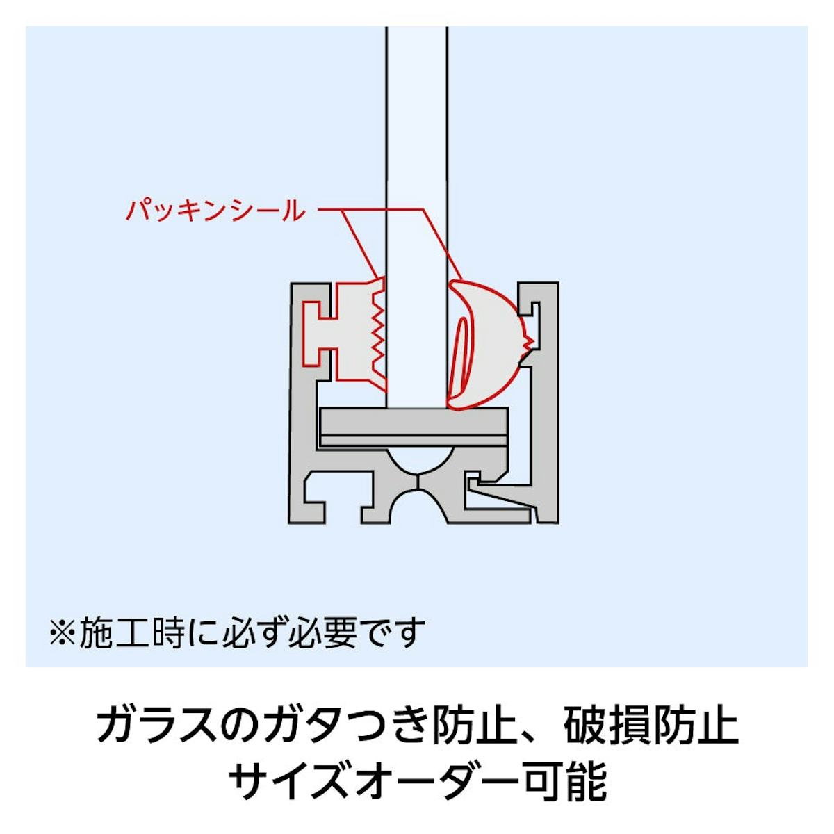 別売部材(3)：パッキンシール - ガラスのガタつき防止、破損防止／ガラス間仕切り用固定金具「ガラス用アルミフレーム」の部品
