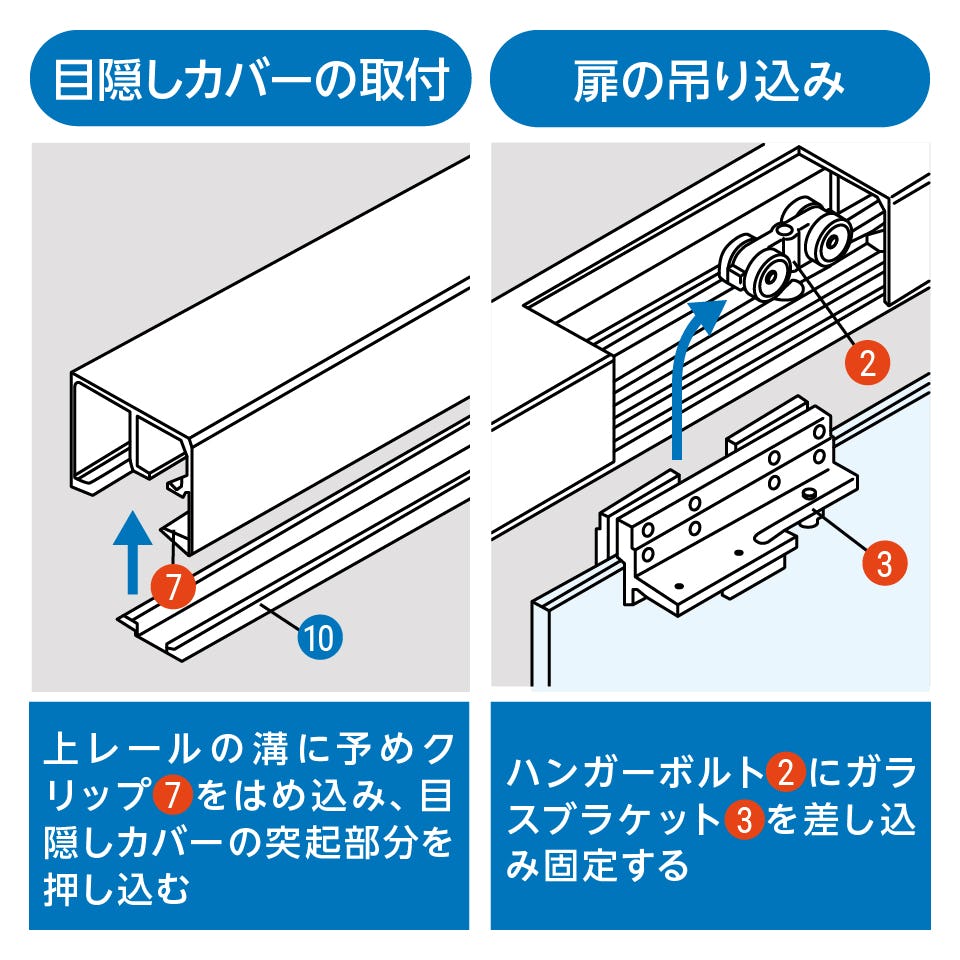 目隠しカバーの取り付け方・吊りこみ方/床レールなしのガラス吊り戸「吊りガラス引き戸」
