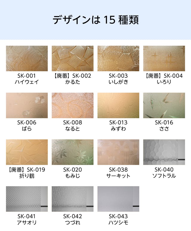 「希少在庫 昭和型板ガラス」の柄は12種類
