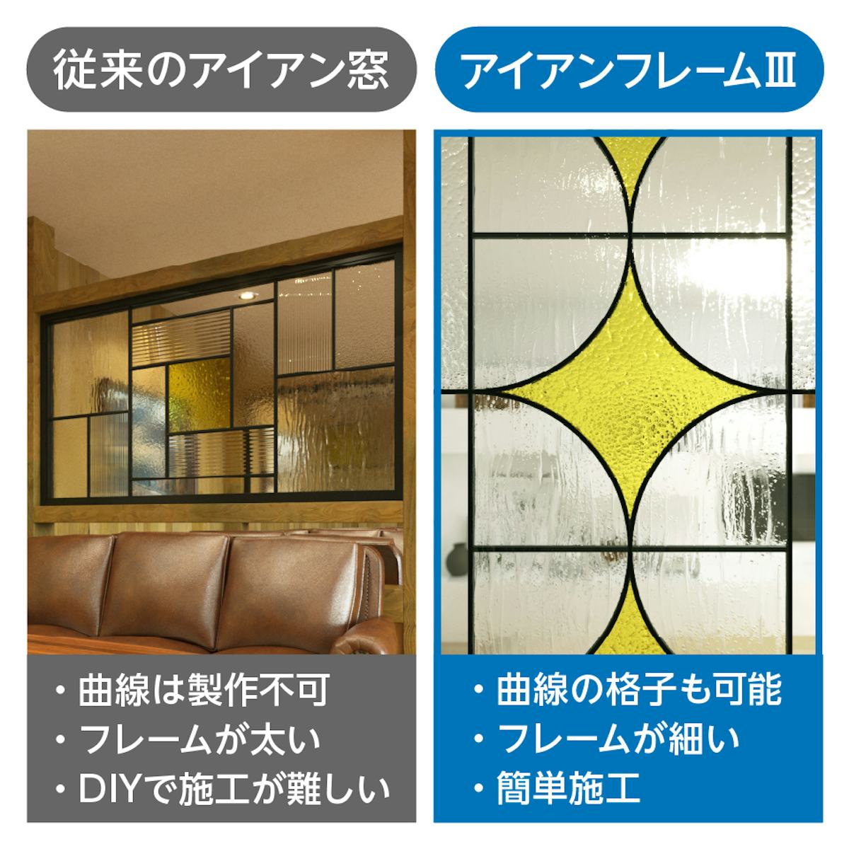 「ステンド風アイアン窓 アイアンフレームⅢ」の、従来のアイアン窓との違い