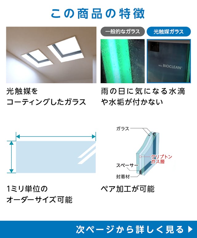 「光触媒ガラス」の特徴 - 光触媒を ガラスコーティング/水滴や水垢が付かない/1ミリ単位でオーダーサイズ◎/ペア加工◎