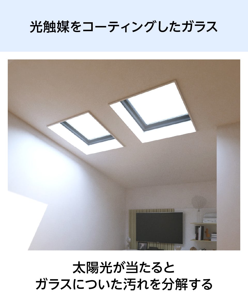 バイオクリーンガラス「光触媒ガラス」は、汚れを光分解する防汚効果がある