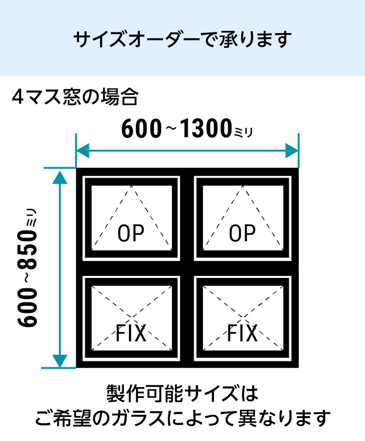 室内窓「アイアンフレーム横すべり出し窓タイプ」は1ミリ単位でサイズオーダーができる／4マスの場合