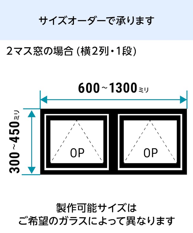 室内窓「アイアンフレーム横すべり出し窓タイプ」は1ミリ単位でサイズオーダーができる／横並び2マスの場合