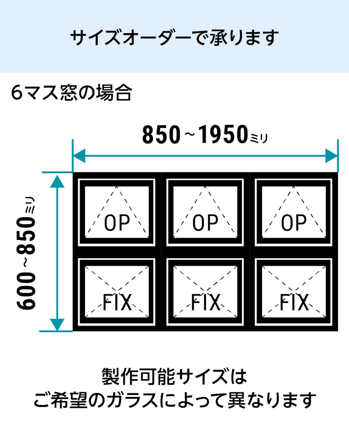 室内窓「アイアンフレーム横すべり出し窓タイプ」は1ミリ単位でサイズオーダーができる／6マスの場合