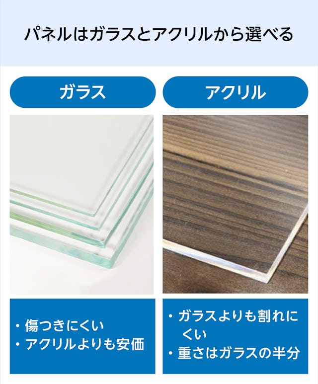オーダーメイドで表札や看板を作れる「ガラスサインボード」のパネルは、ガラスとアクリル板から選べる
