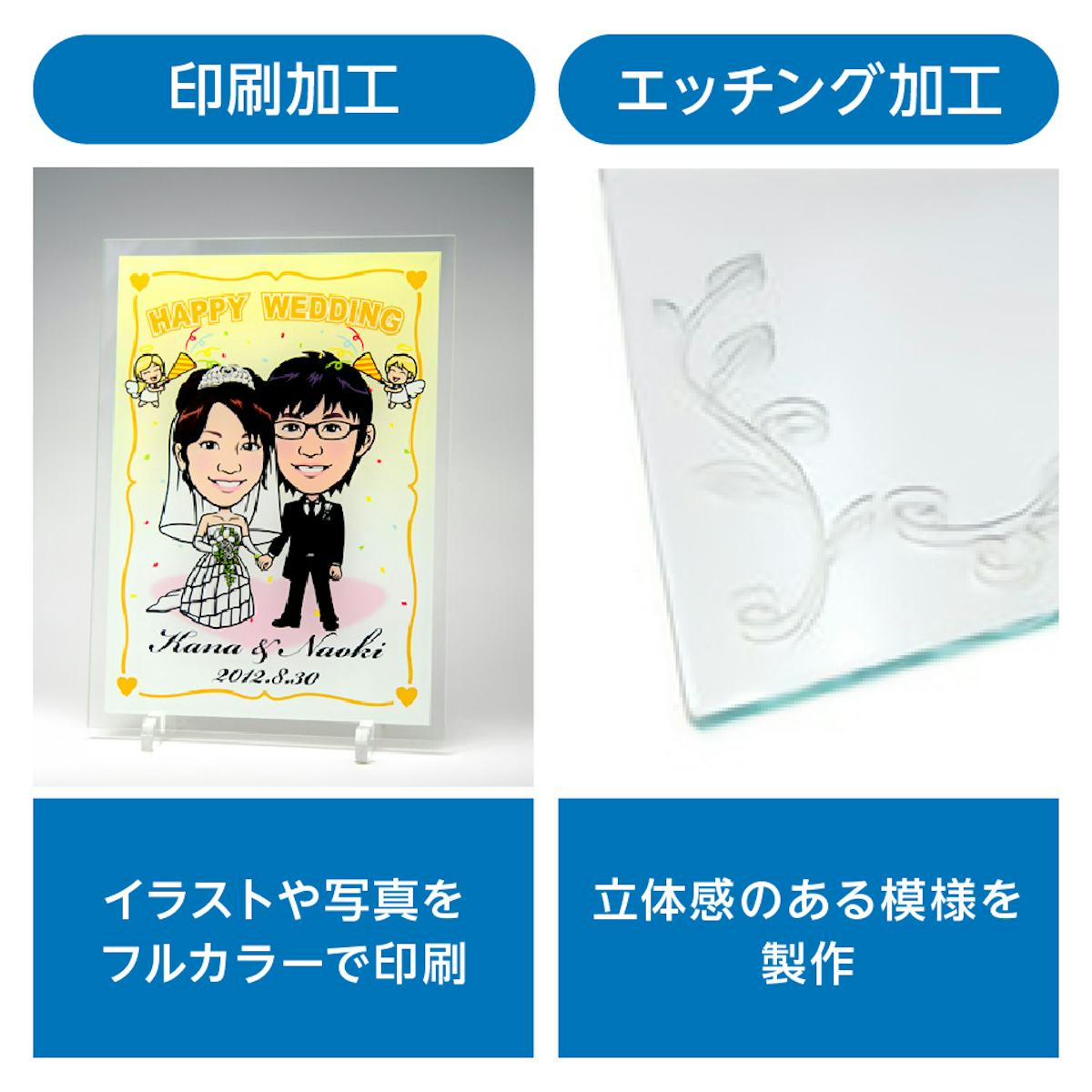 卓上サイン「サインスタンド」は、絵やアルファベットなどの文字を印刷したり、エッチング加工をオーダーできる