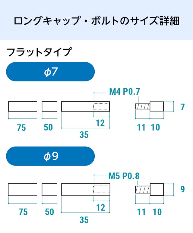 卓上用「サインスタンド(傾斜タイプ)」のロングキャップとボルトのサイズ詳細①／フラットタイプ(1)