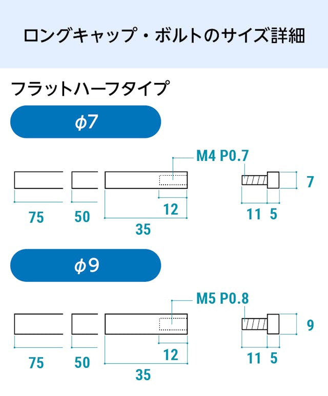 卓上用「サインスタンド(傾斜タイプ)」のロングキャップとボルトのサイズ詳細③／フラットハーフタイプ(1)