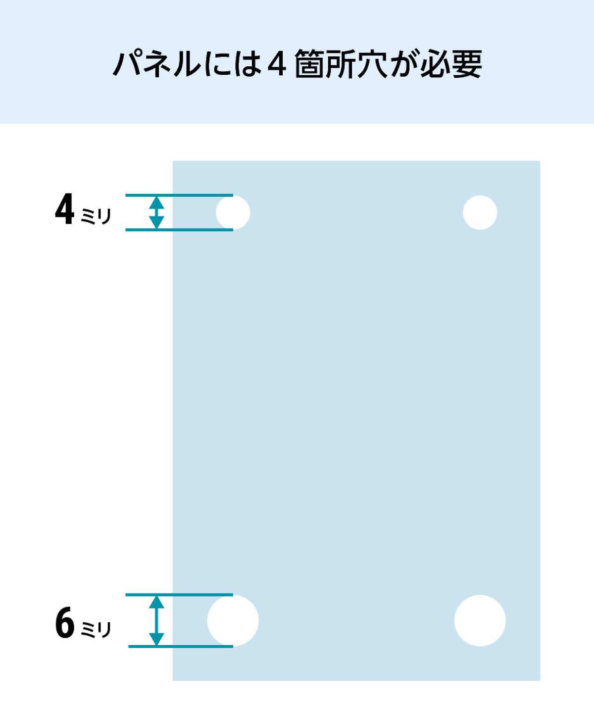 傾斜挟み込みタイプの卓上サインプレートは、ガラスまたはアクリル板のパネルに4箇所穴が必要