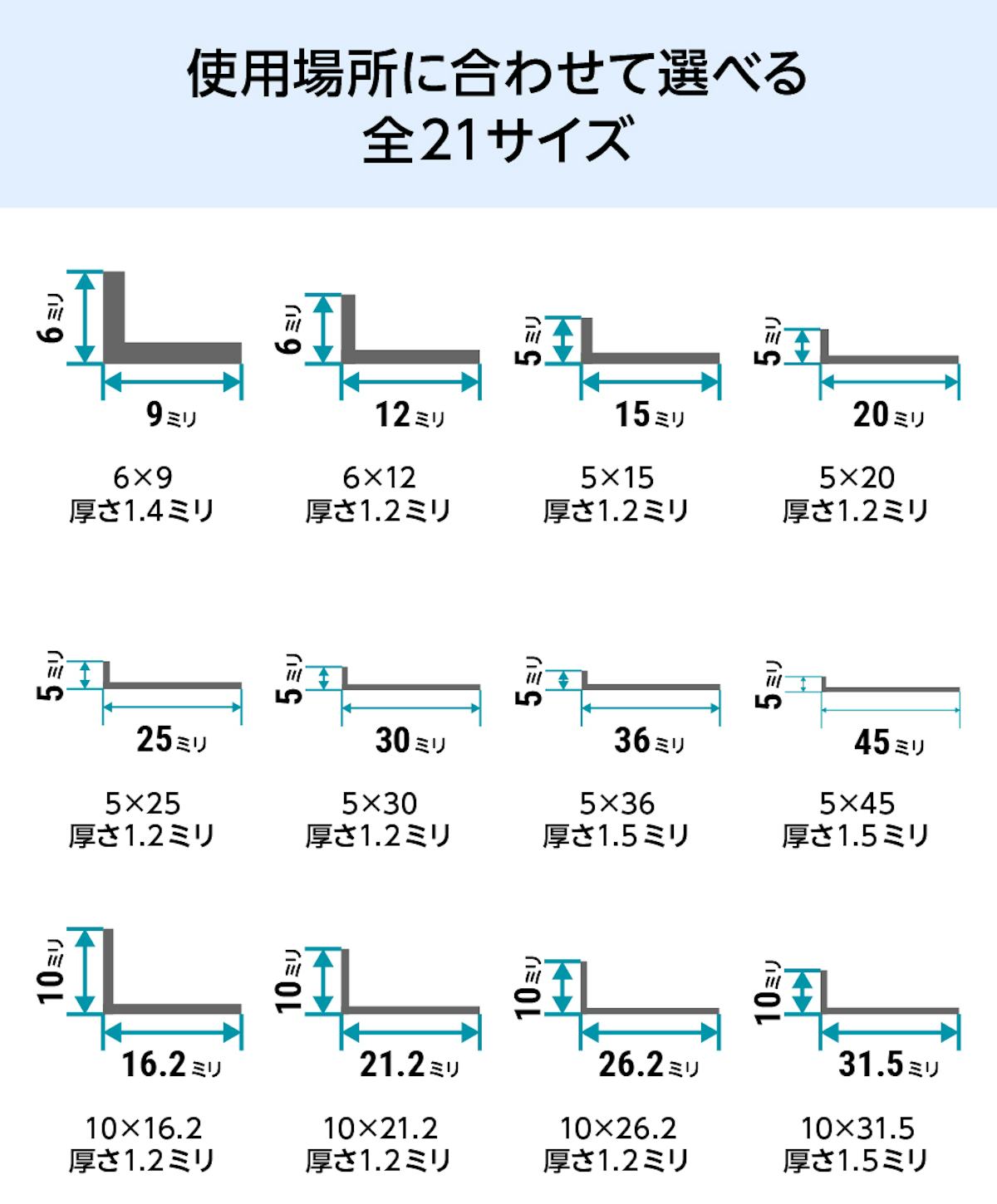 ガラス用として人気のアルミ製「不等辺アングル(Lアングル)」の規格サイズは全21種類①