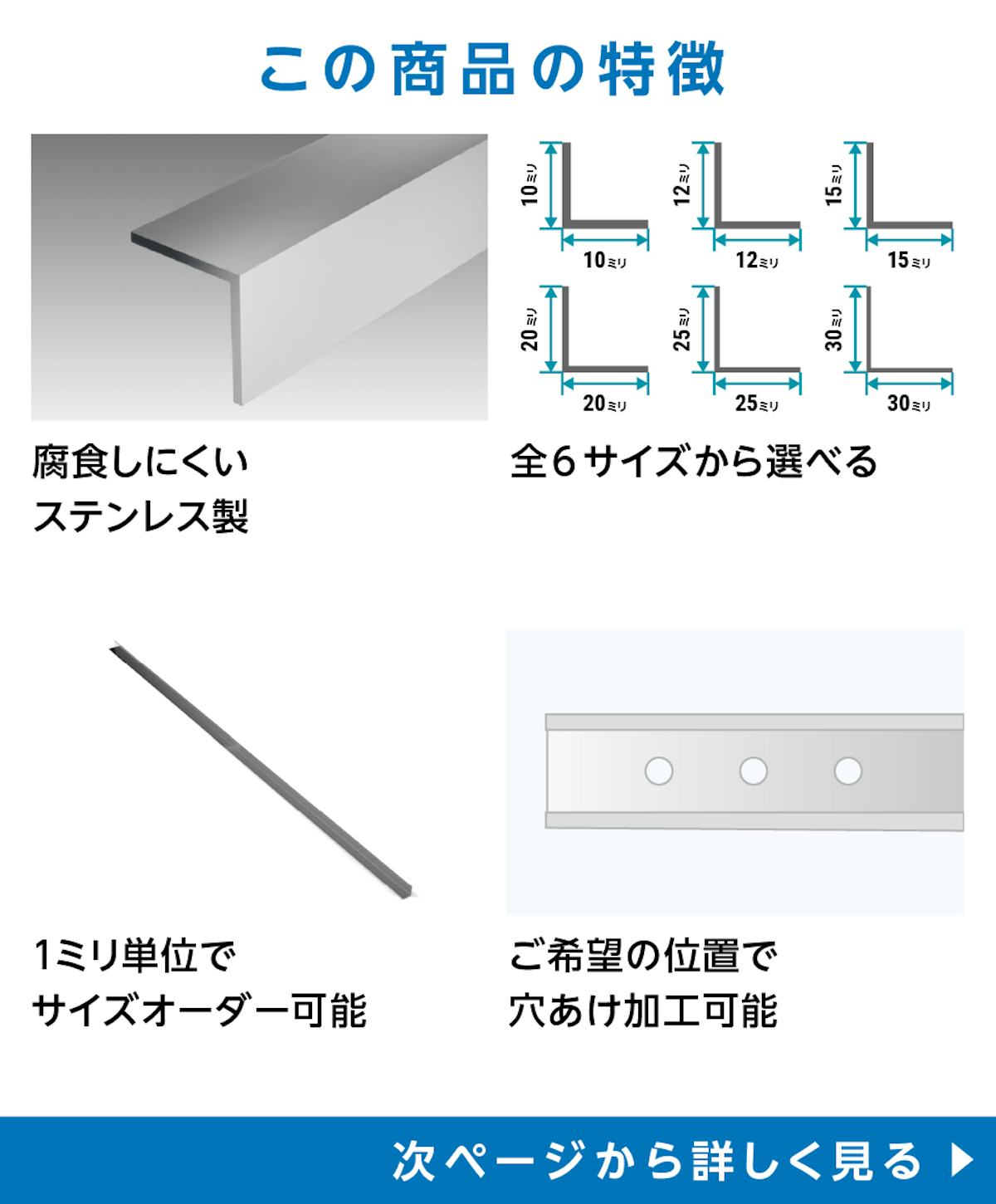 「ステンレス製L型アングル(等辺)」の特徴 - 腐食しにくいステンレス製／6サイズから選べる／1ミリ単位でサイズオーダー可能／希望の位置で穴あけ加工可能