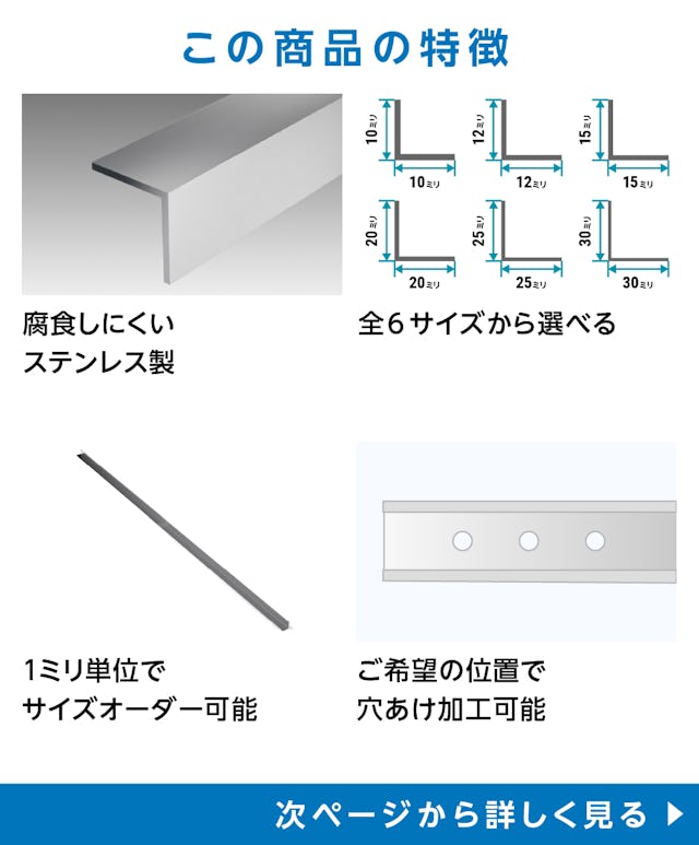 「ステンレス製L型アングル(等辺)」の特徴 - 腐食しにくいステンレス製／6サイズから選べる／1ミリ単位でサイズオーダー可能／希望の位置で穴あけ加工可能