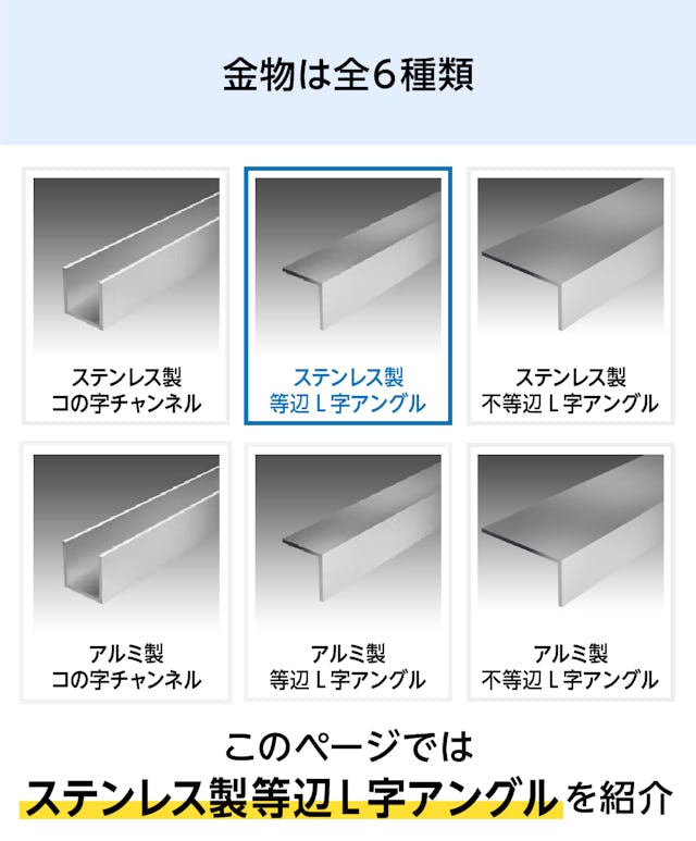 ガラス用のL字型固定金具「Lアングル金物」 - このページは6種類のうちステンレス製の等辺タイプを紹介