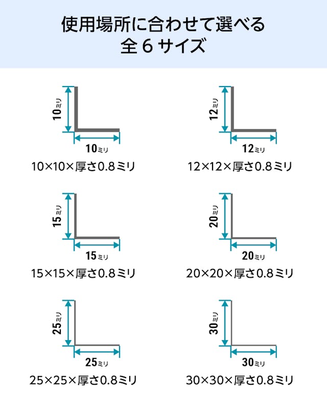 ガラス用のステンレス製「等辺L型金物(アングル)」の規格サイズは、全6種類