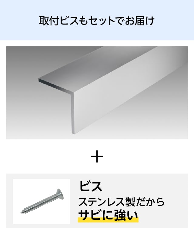 取付金具用のビスもセットで届く、ガラス用「ステンレス製Lアングル(等辺)」