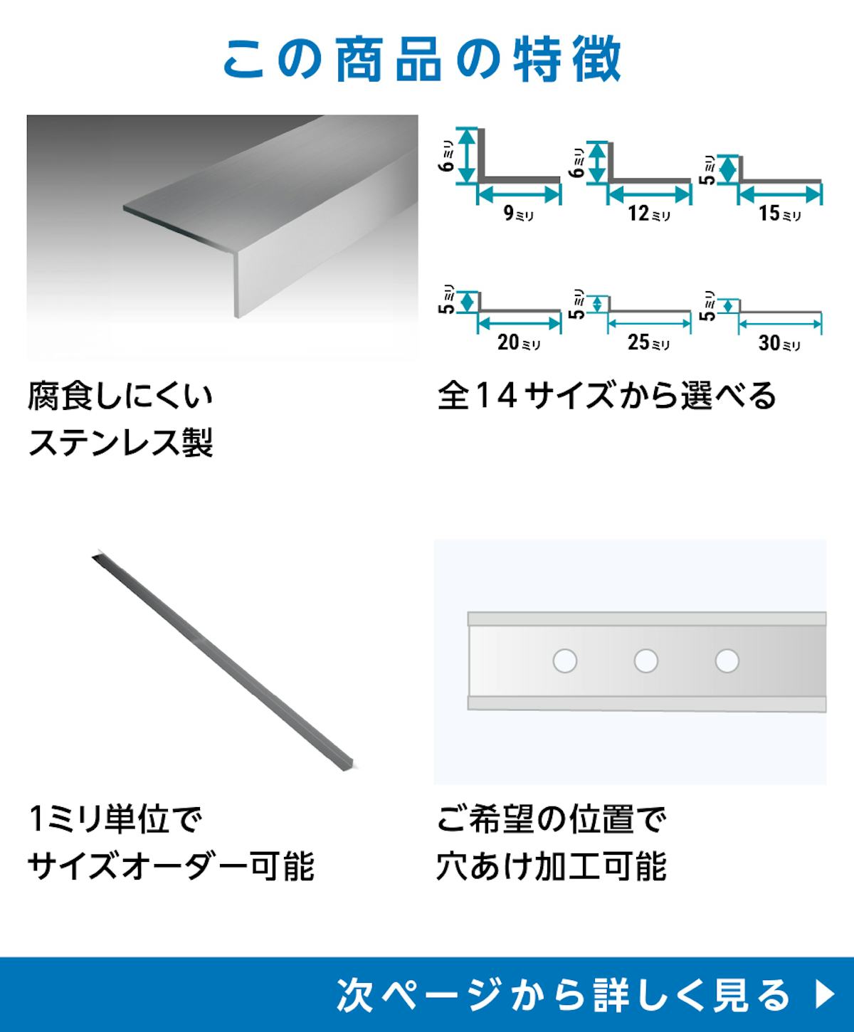 「ステンレス製Lアングル(不等辺)」の特徴 - 腐食しにくいステンレス製／6サイズから選べる／1ミリ単位でサイズオーダー可能／希望の位置で穴あけ加工可能