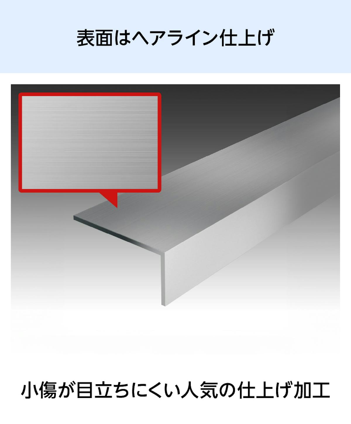 ガラス用のL字プレート「ステンレス製不等辺アングル」の表面は、小傷が目立ちにくいヘアライン仕上げ